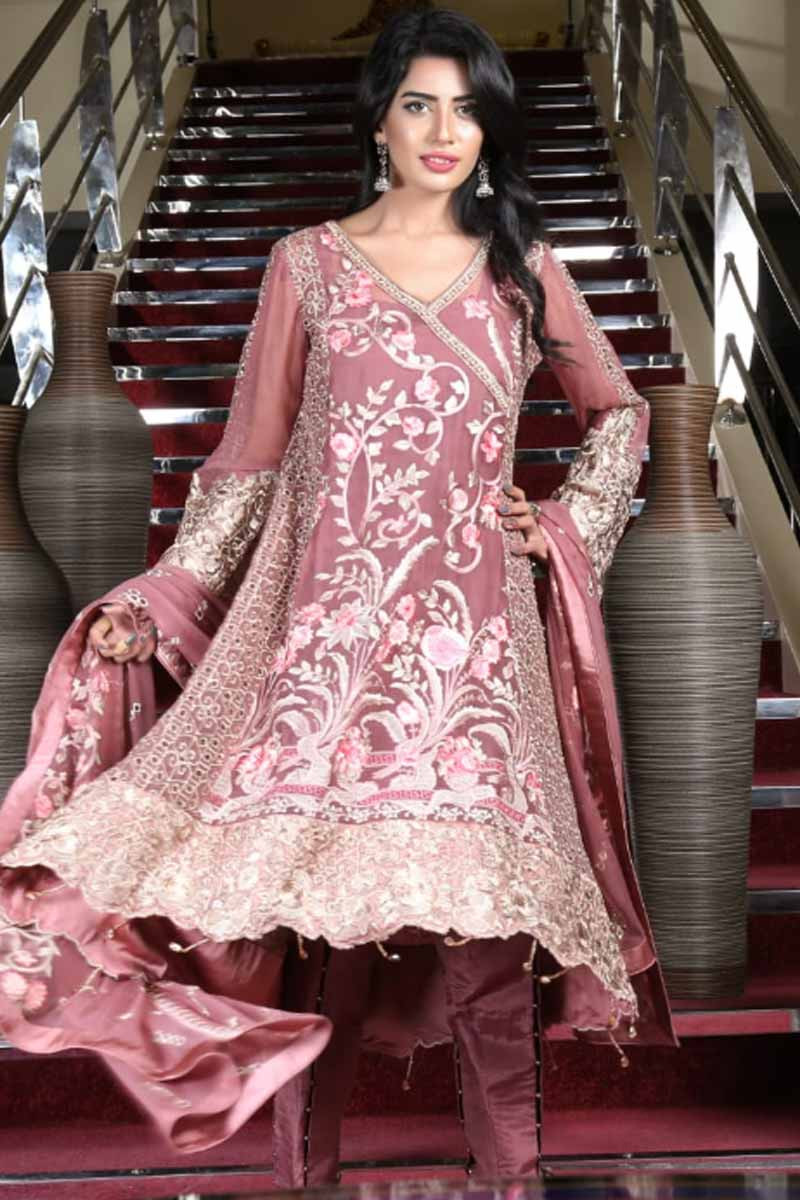 Resham Embroidered Chiffon Old Rose Straight Pant Suit