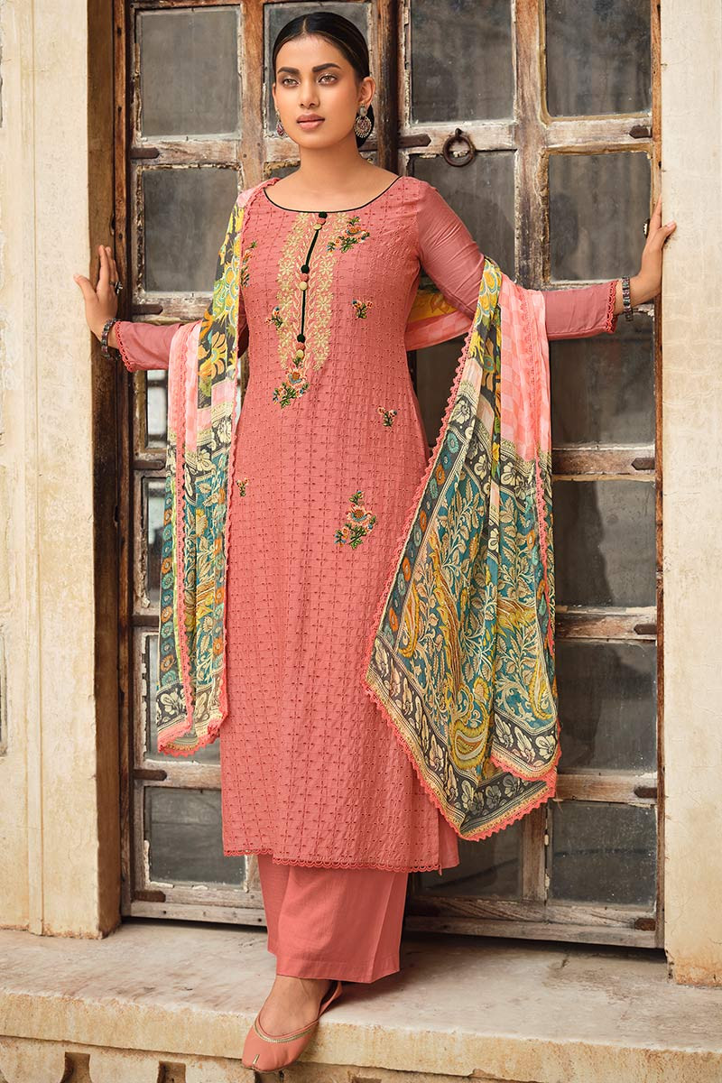 Resham Embroidered Cotton Peach Indian Trouser Suit