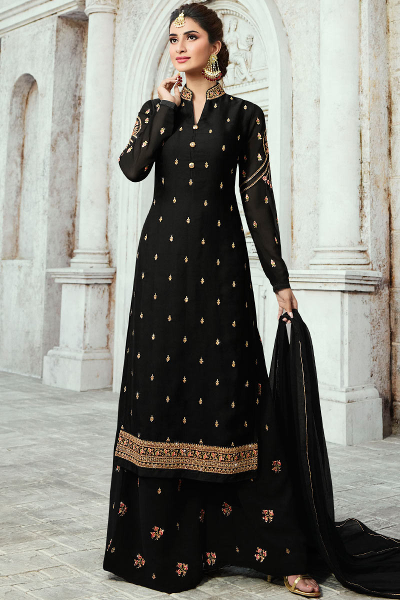 Buy Resham Embroidered Georgette Black Palazzo Pant Suit Online
