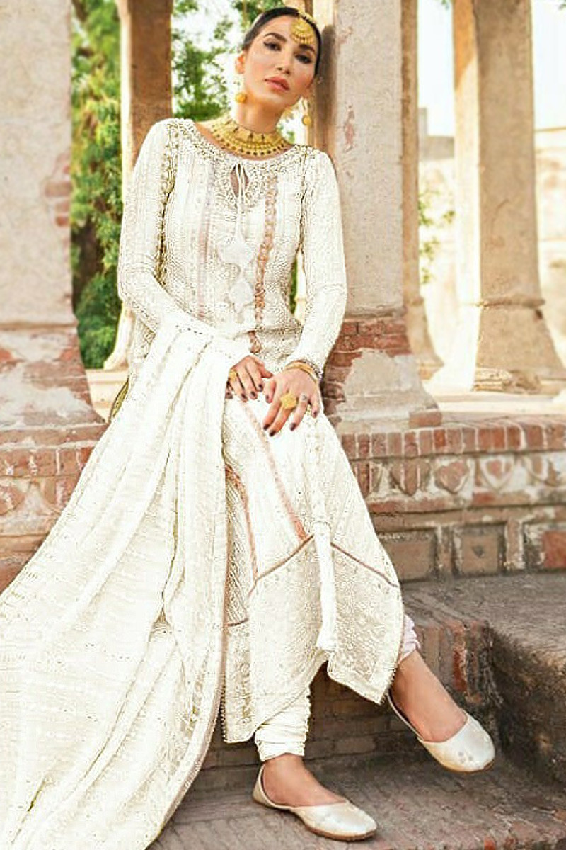 Custom Fit Churidar Suit in Off White Resham Embroidered Fabric