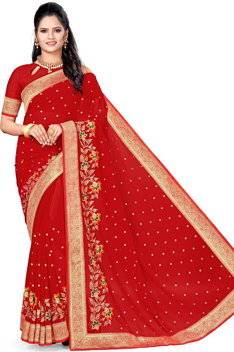 Saree for Party Wear in Georgette Red with Weaved Thread Work