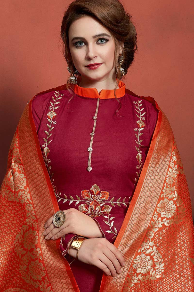 Buy Resham Embroidered Khadi Cotton Cherry Red Churidar Suit