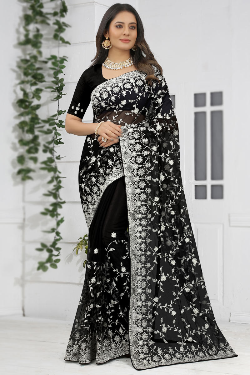 Resham Embroidered Net Black Saree