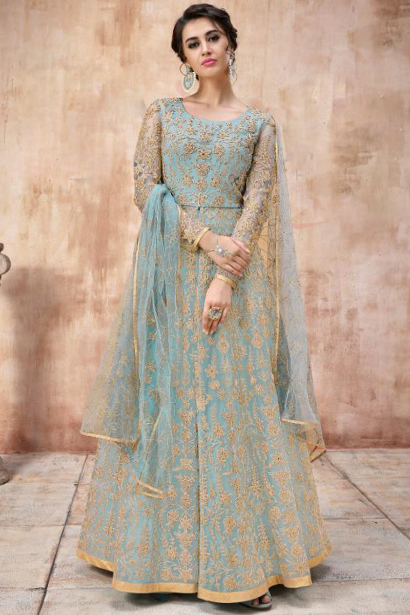 Buy Resham Embroidered Net Sky Blue Anarkali Suit Online