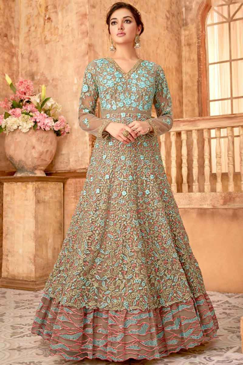 Buy Resham Embroidered Net Tan Beige Anarkali Gown Online LSTV03123 Andaaz Fashion