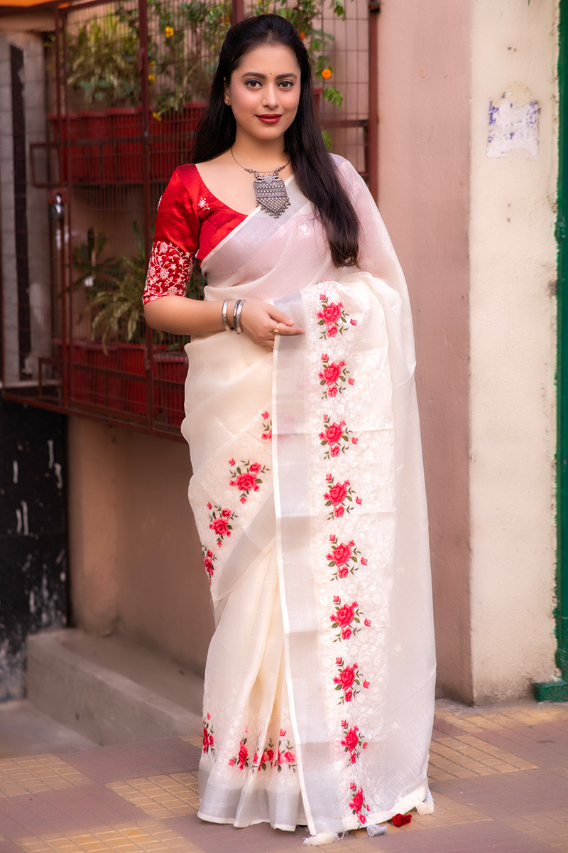 Buy Off White Linen Saree Printed Daily Wear Linen White Sarees Online @  Best Price In India | Flipkart.com