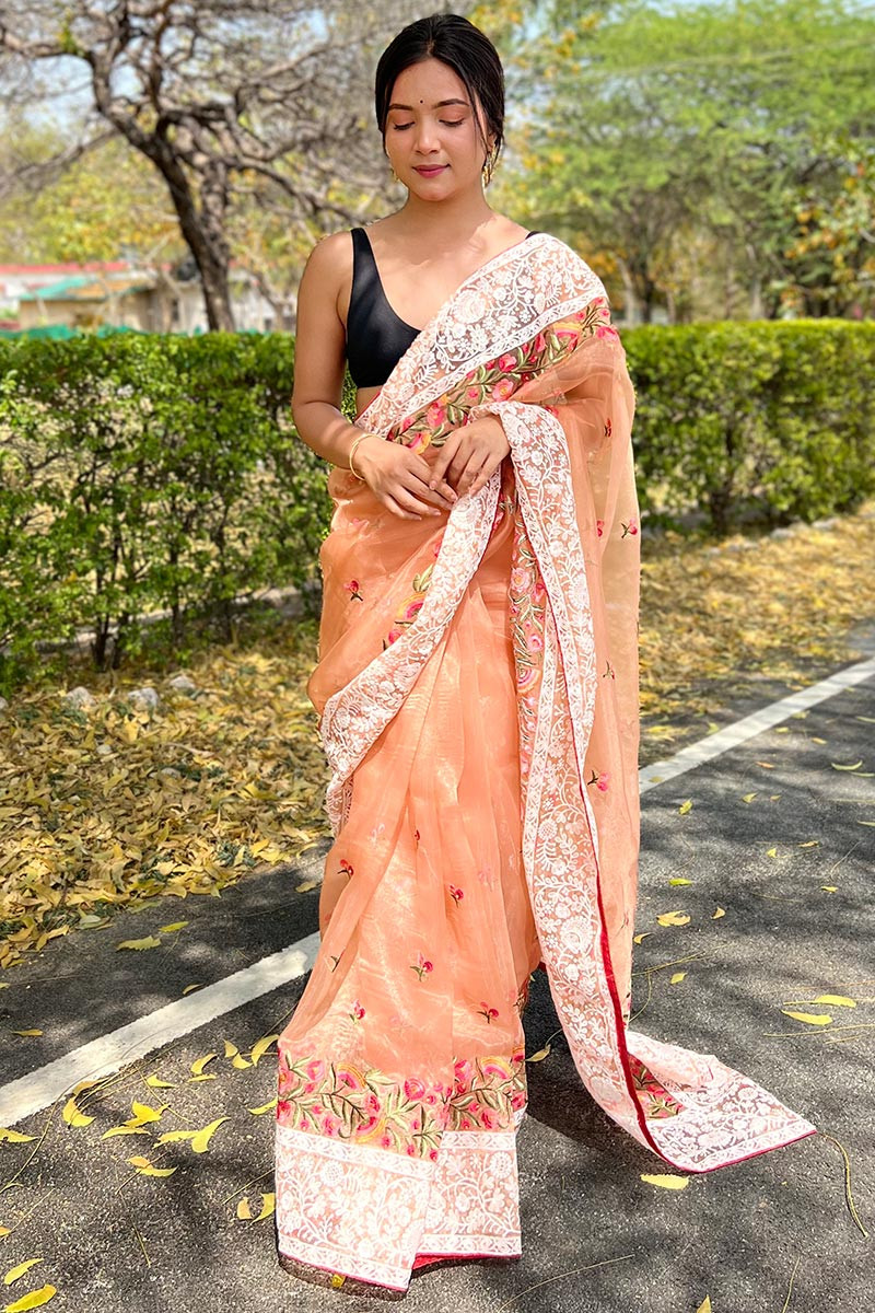 Grey Seq Printed Lace Flamingo Peach Organza Saree – Organza Mall