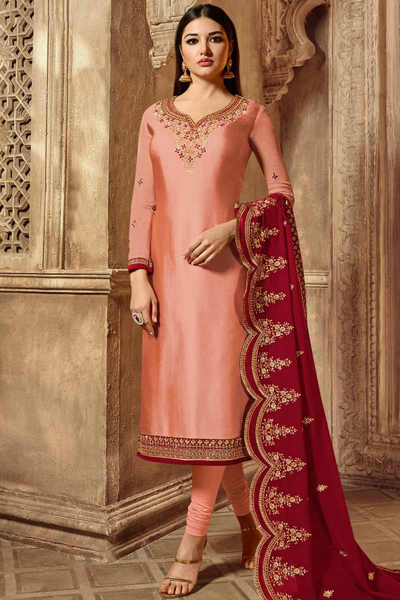 Buy Resham Embroidered Silk Churidar Suit In Coral Peach Color Online LSTV03158A Andaaz Fashion