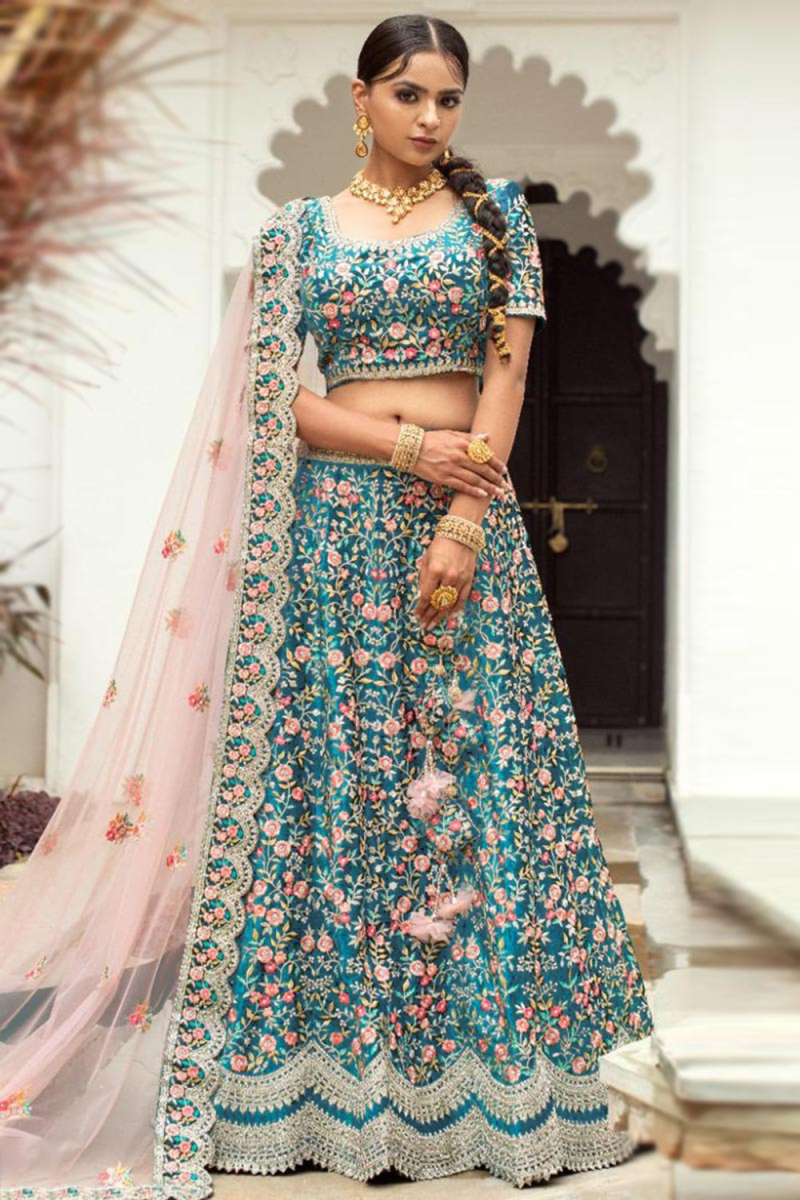 Resham Embroidered Velvet Turquoise Blue Lehenga