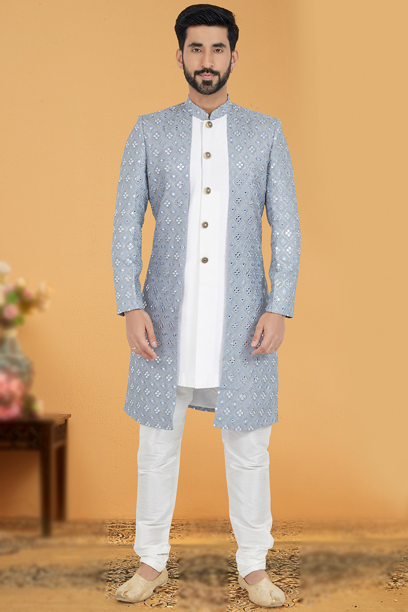 White Jacket Style Sangeet Men Sherwani in Cotton