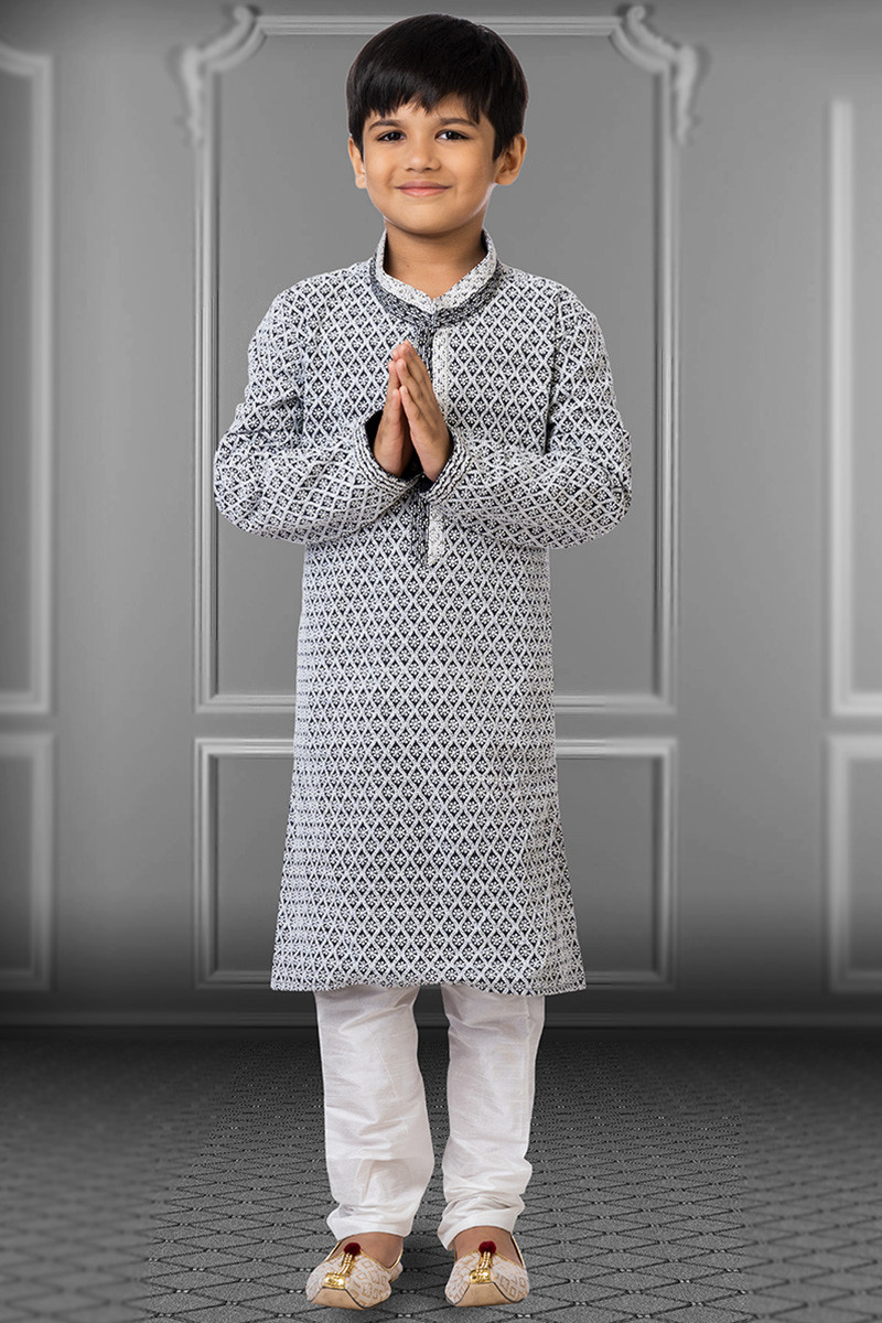 Ethnic Boy s Kurta Churidar in Black With Resham Thread Embroidered MKPA02935