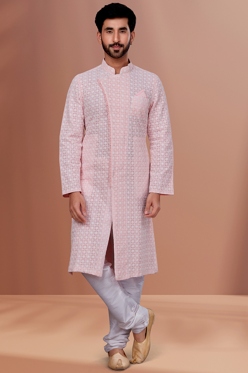Resham Thread Embroidered Georgette Light Pink Men Sherwani