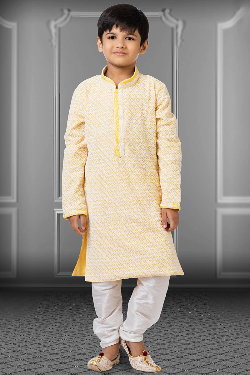 Resham Thread Embroidered Georgette Mustard Yellow Boy's Kurta Churidar