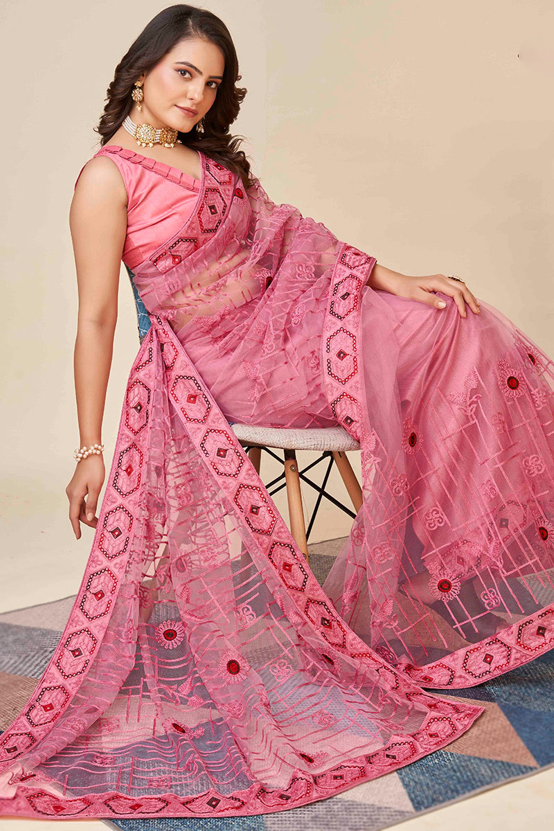 Resham Thread Embroidered Net Blush Pink Saree