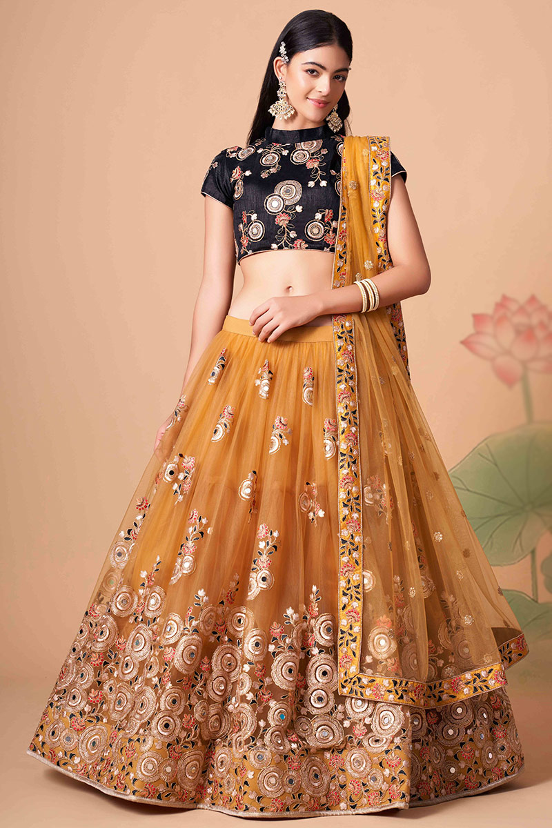Net Mustard Yellow Sequins Embroidered Lehenga for Wedding 