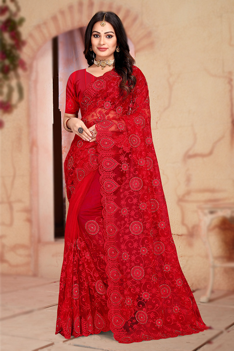 Resham Thread Embroidered Net Red Saree