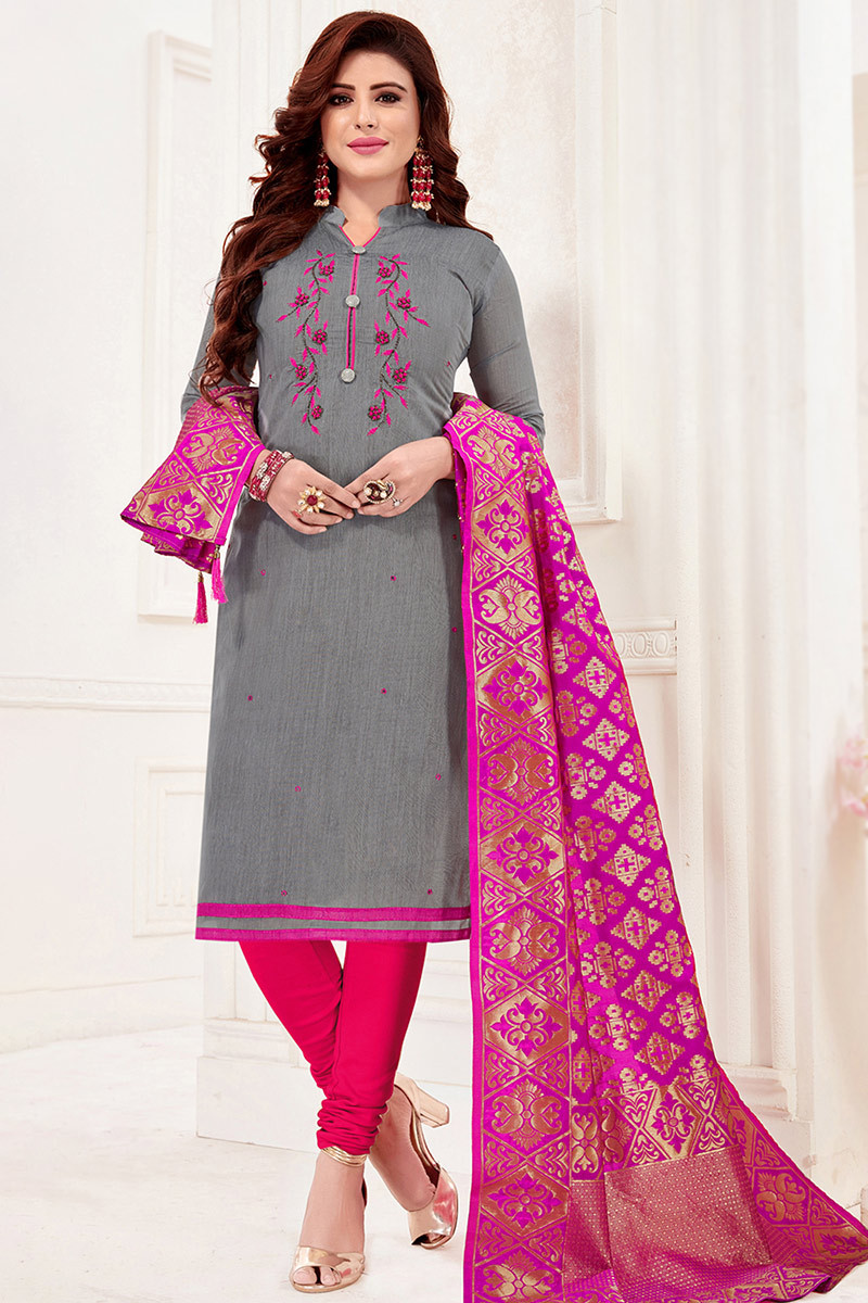 Buy Online Resham Thread Work Grey Churidar Suit LSTV121279