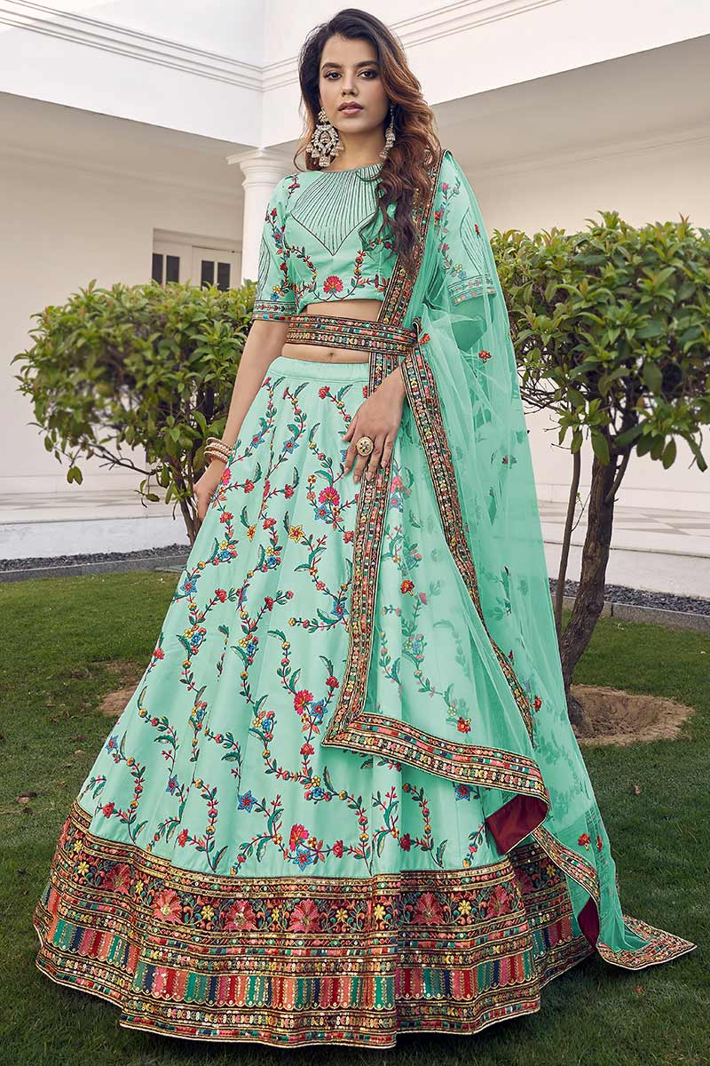 Resham Work Embroidered Art Silk Mint Green Lehenga