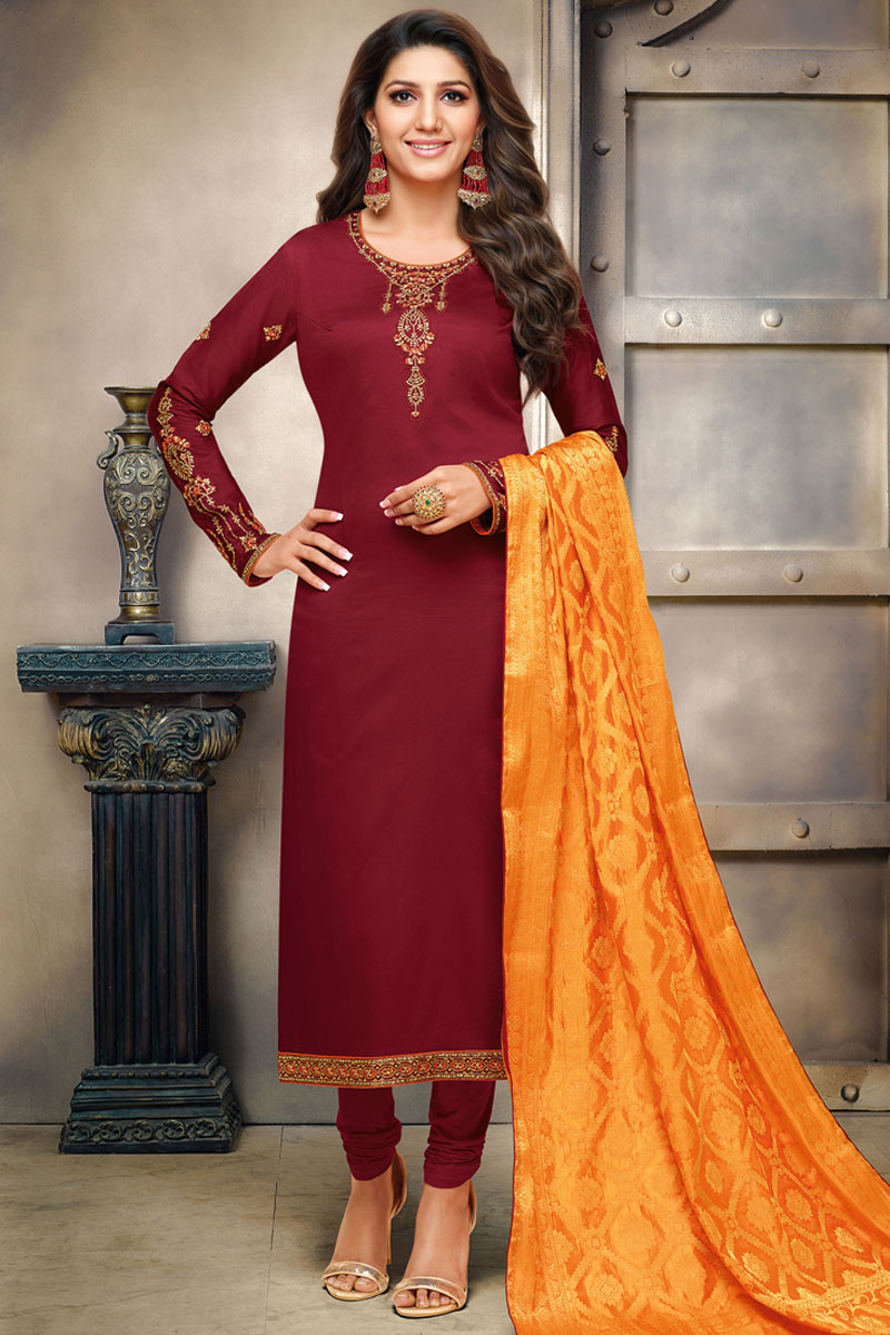 Resham Work Embroidered Cotton Dark Maroon Churidar Suit