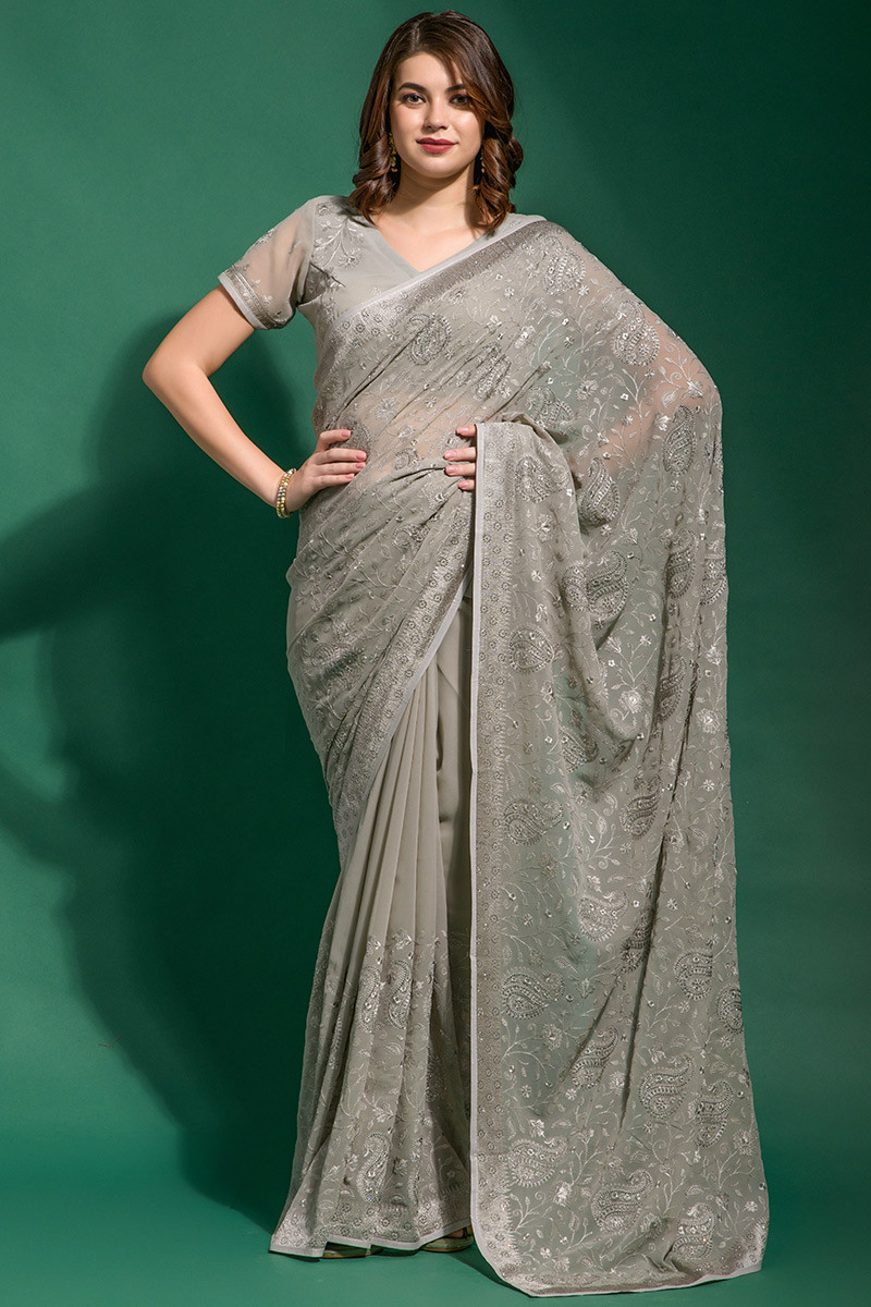 resham work embroidered georgette ash grey saree sarv151751 1