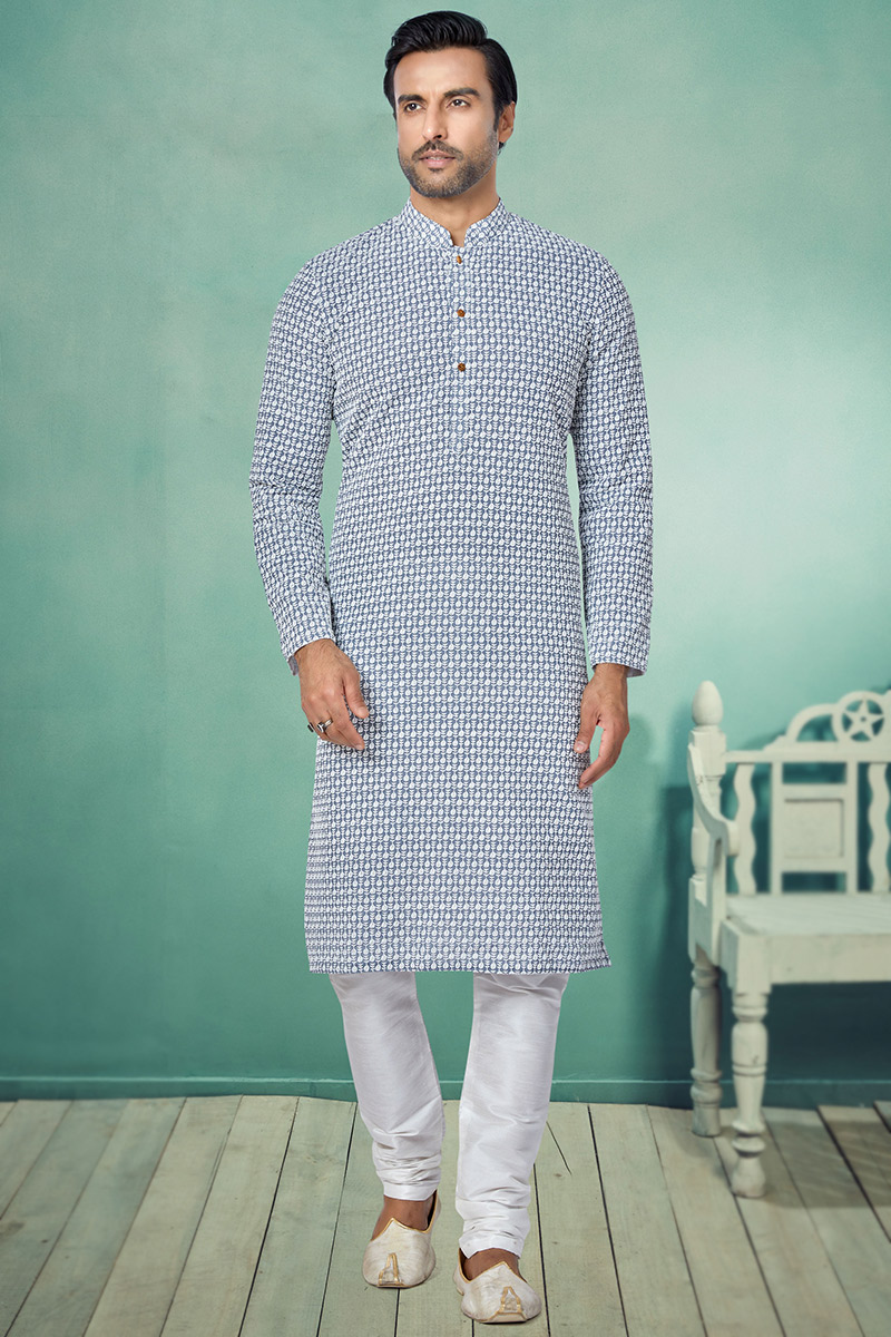 Resham Work Embroidered Georgette Bluish Grey Men Kurta Churidar