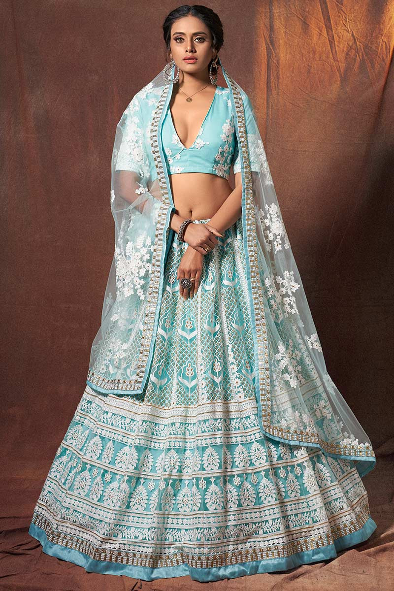 Resham Work Embroidered Net Light Blue Lehenga Blouse
