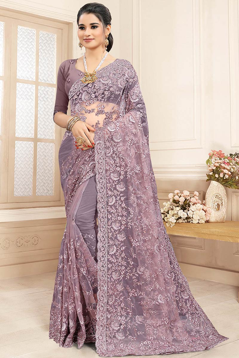 Resham Embroidered Net Mauve Pink Saree