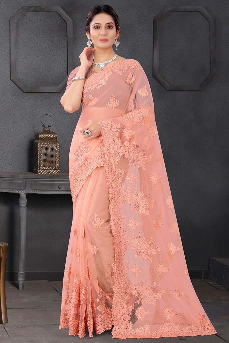 Peach party wear saree hot sale