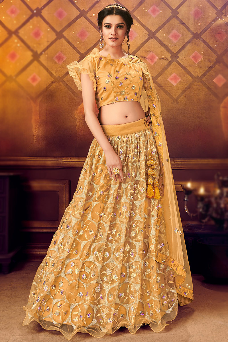 Bright Yellow Printed Semi-stitched Lehenga Choli With Dupatta – Inddus.com