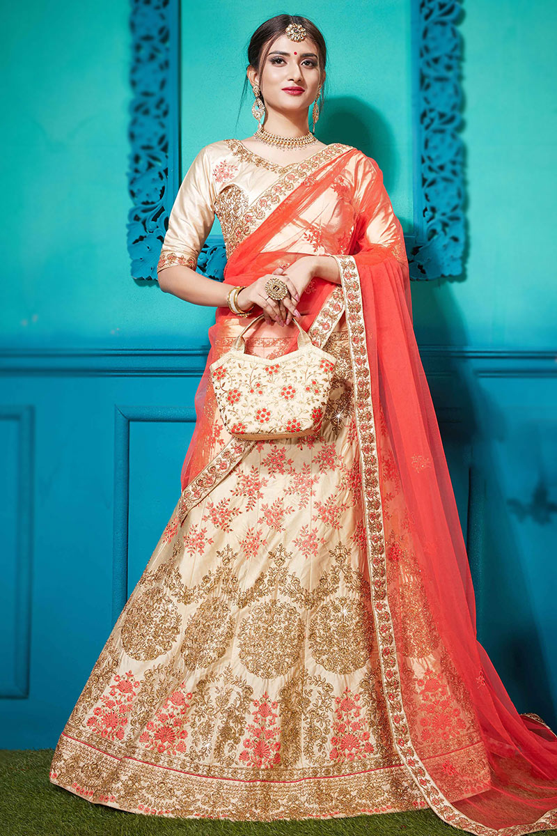 Resham Work Embroidered Satin Creamy Pink Lehenga