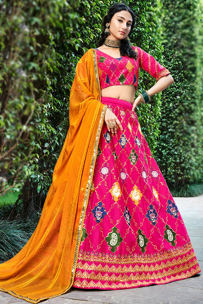 Resham Work Embroidered Silk Magenta Pink Lehenga