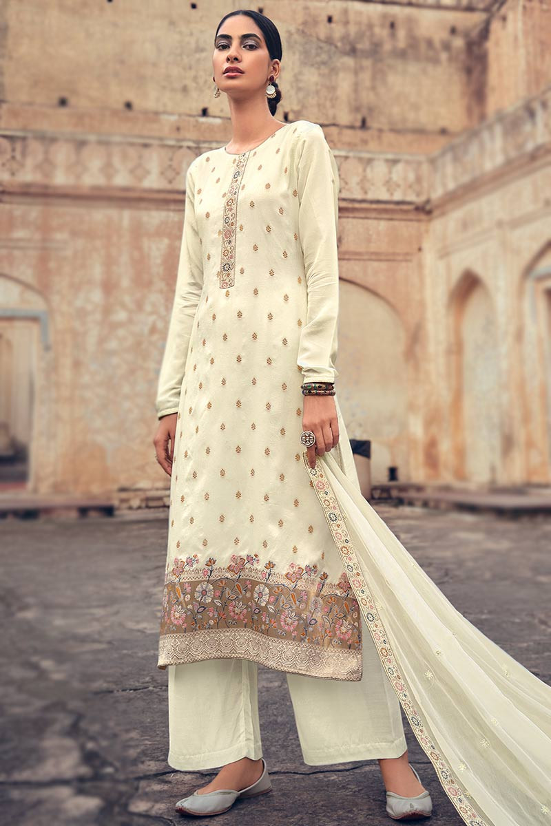 Resham Work Embroidered Silk Off White Trouser Suit