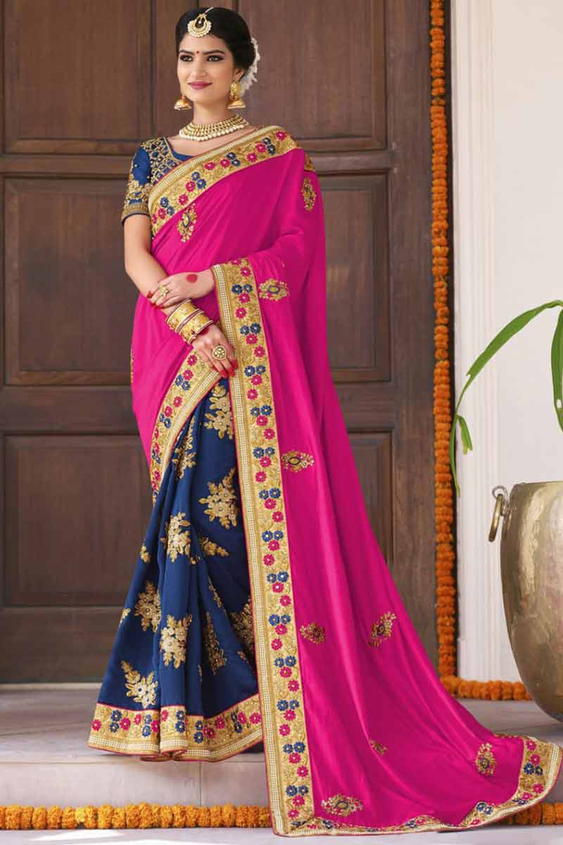 ROYAL BLUE WITH PINK - PURE HANDLOOM GEORGETTE BANARAS IN ANTIQUE ZARI