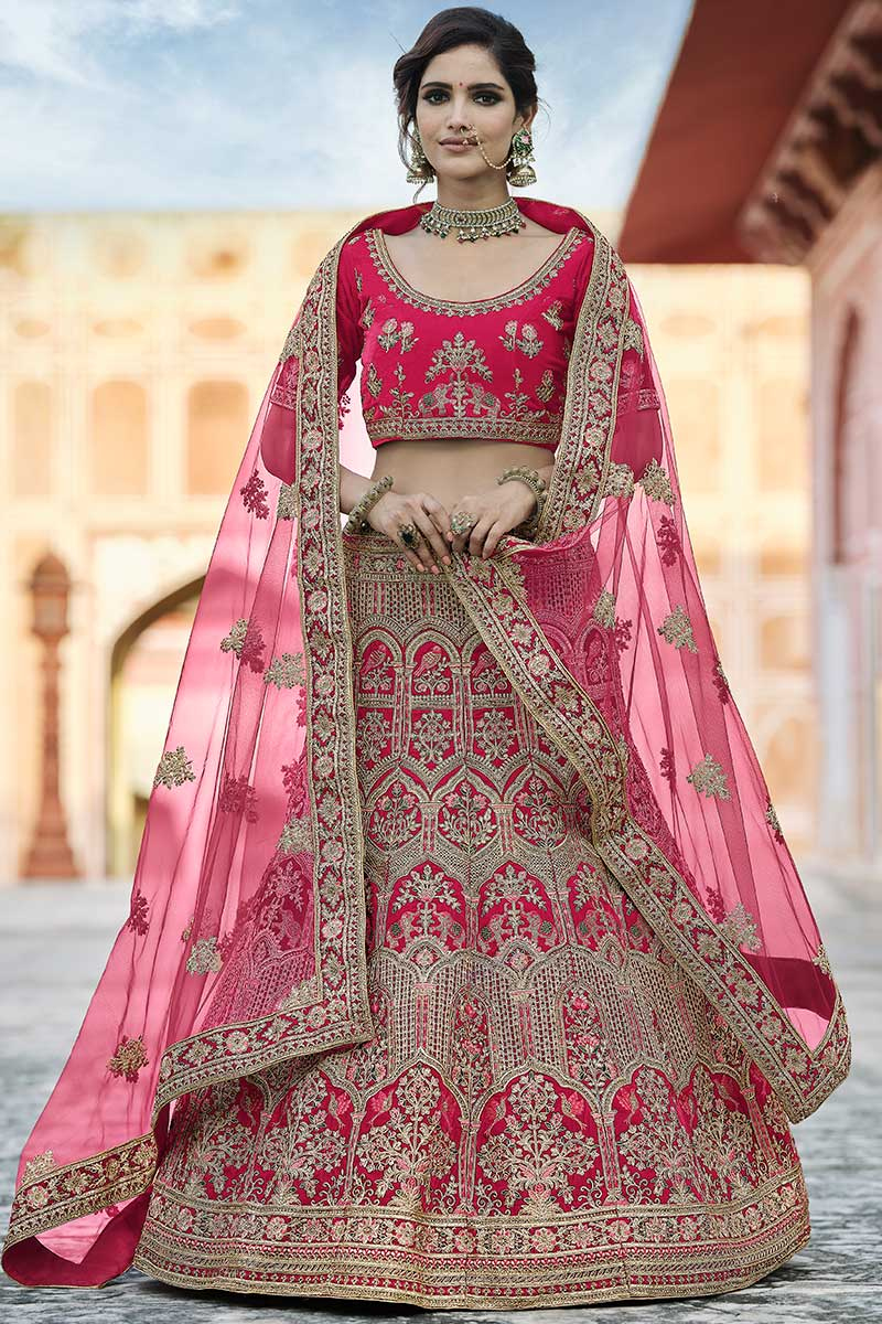 Velvet Rani Pink Zari Embroidered Lehenga for Bridal Wear