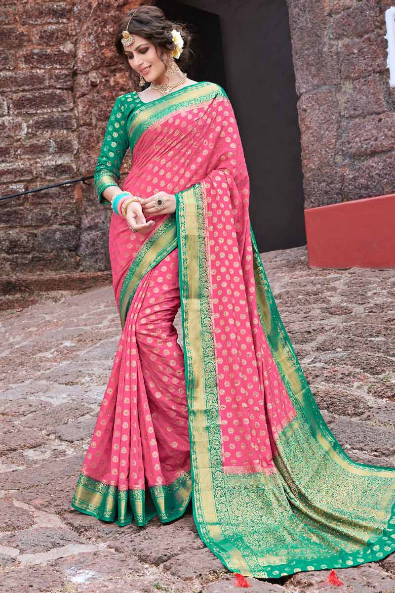 Buy Online Light Pink Kanjeevaram Saree with Green and Purple Border – Pure  Elegance