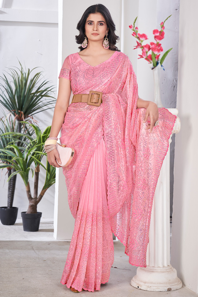 Rose Pink Sequins Embroidered Net Saree For Festival 
