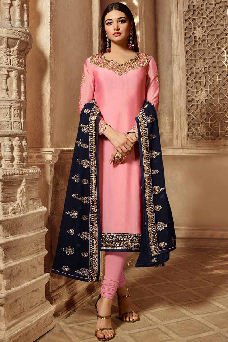 Rose Pink Silk Churidar Suit With Resham Work