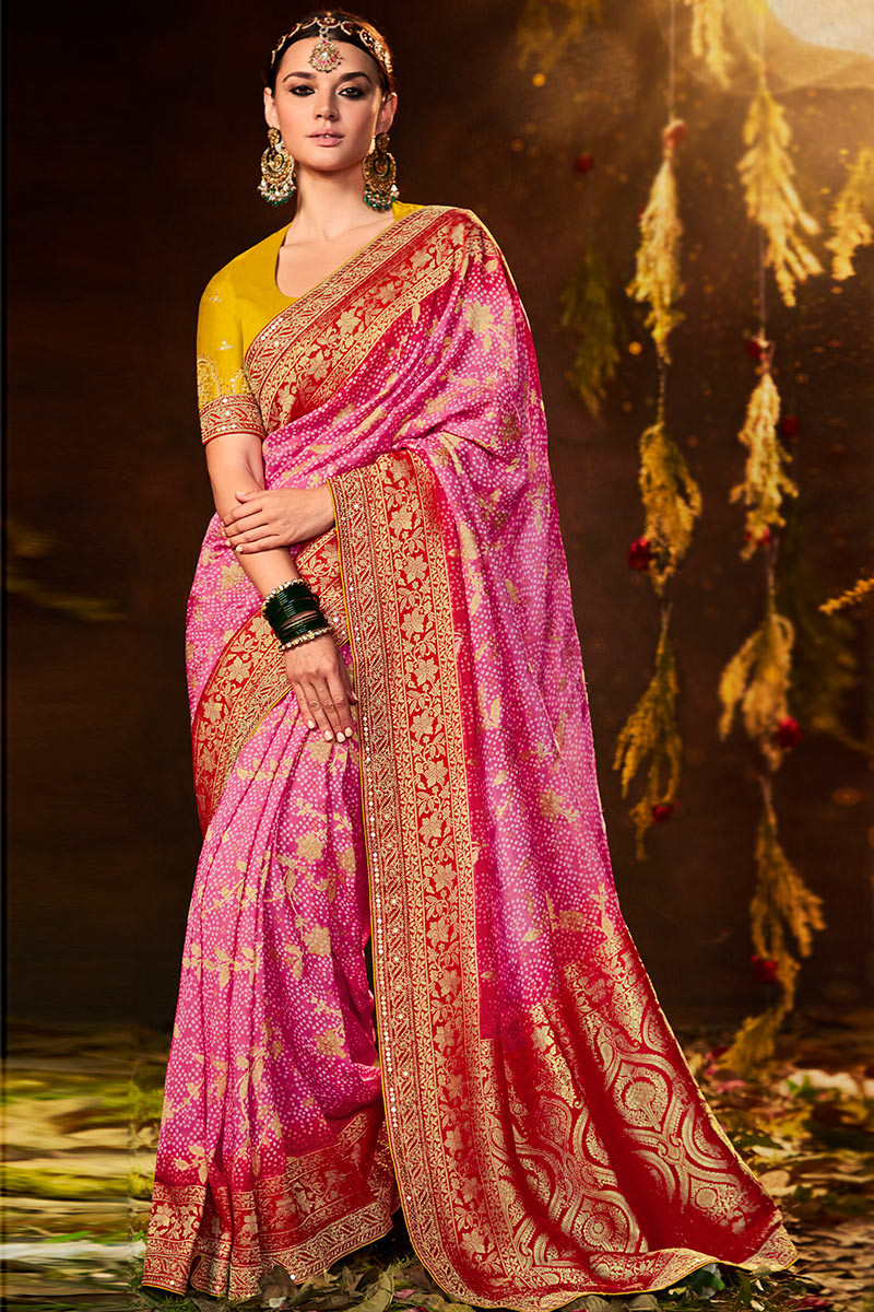 Rose Pink Silk Lace Embroidered Broad Border Saree SARV167420