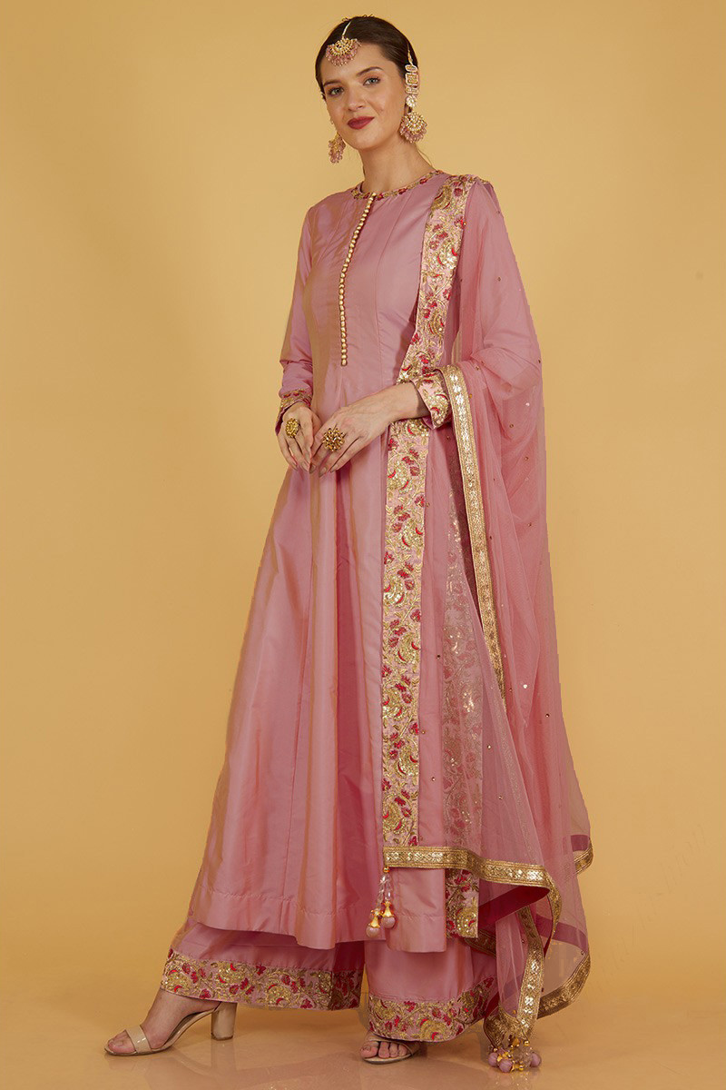 Silk Base Pink Pant Style Suit with Dupatta