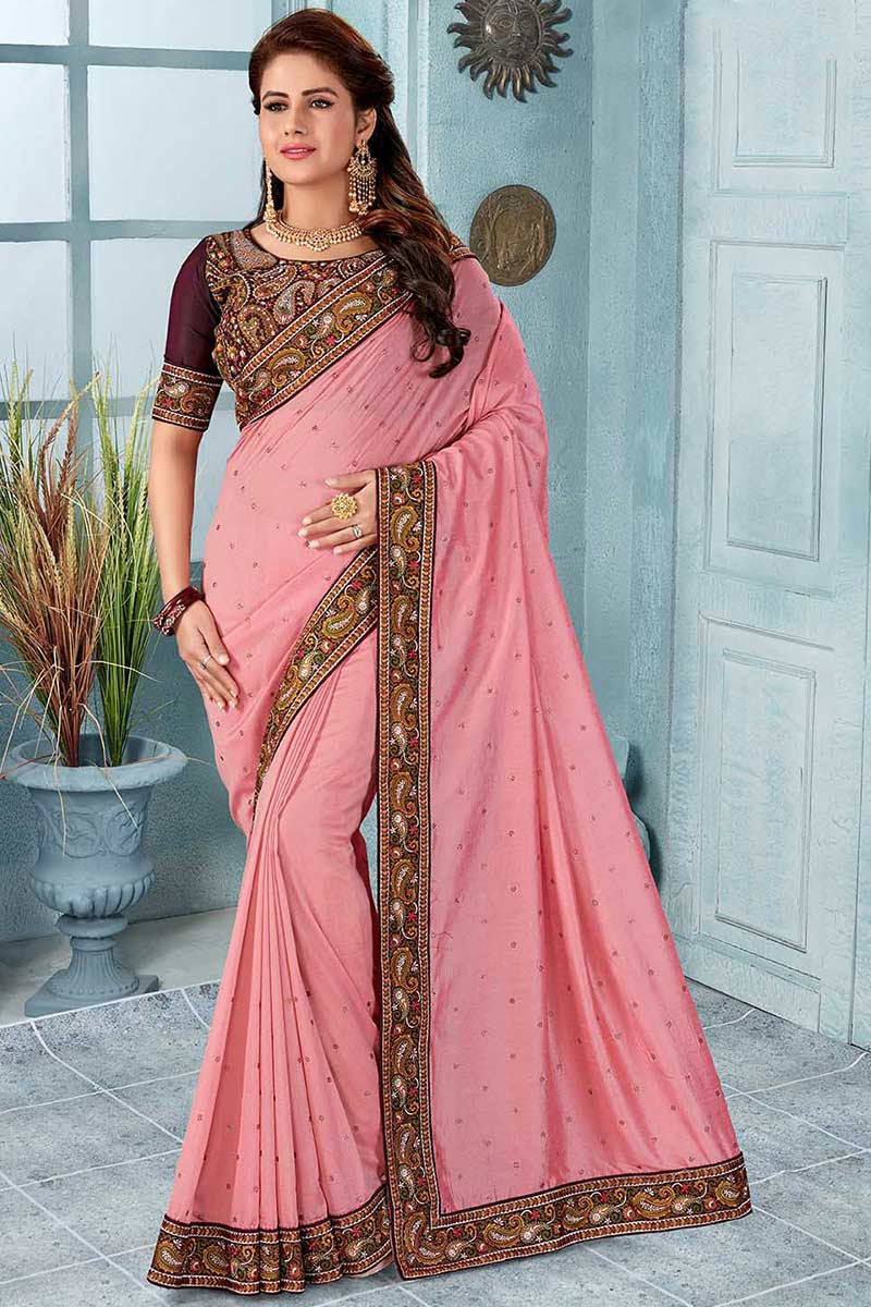 Buy Rose Pink Silk Saree With Art Silk Blouse Online - SARV03116