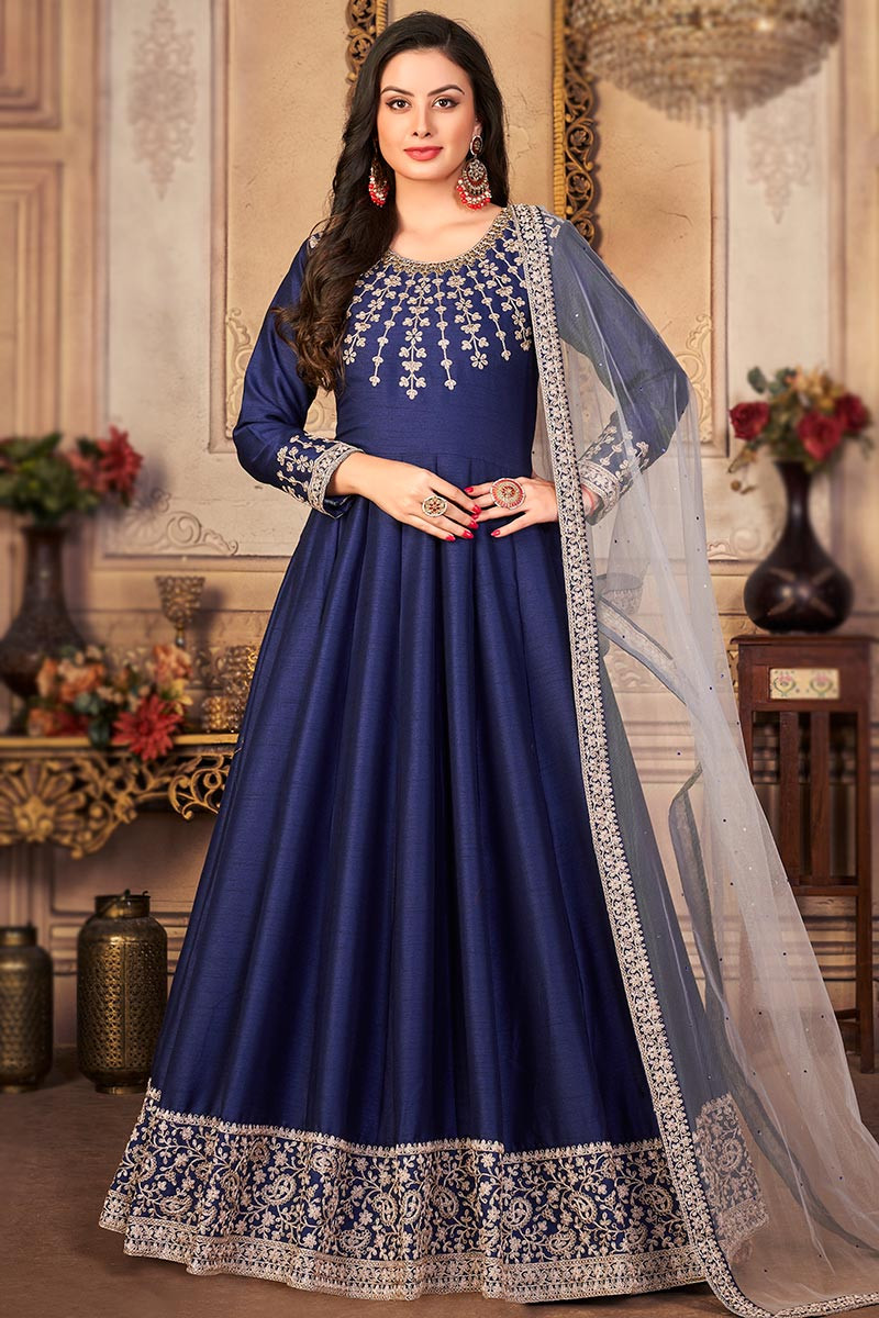 Buy Royal Blue Velvet Stone Worked Designer Anarkali Suit | Anarkali Suits