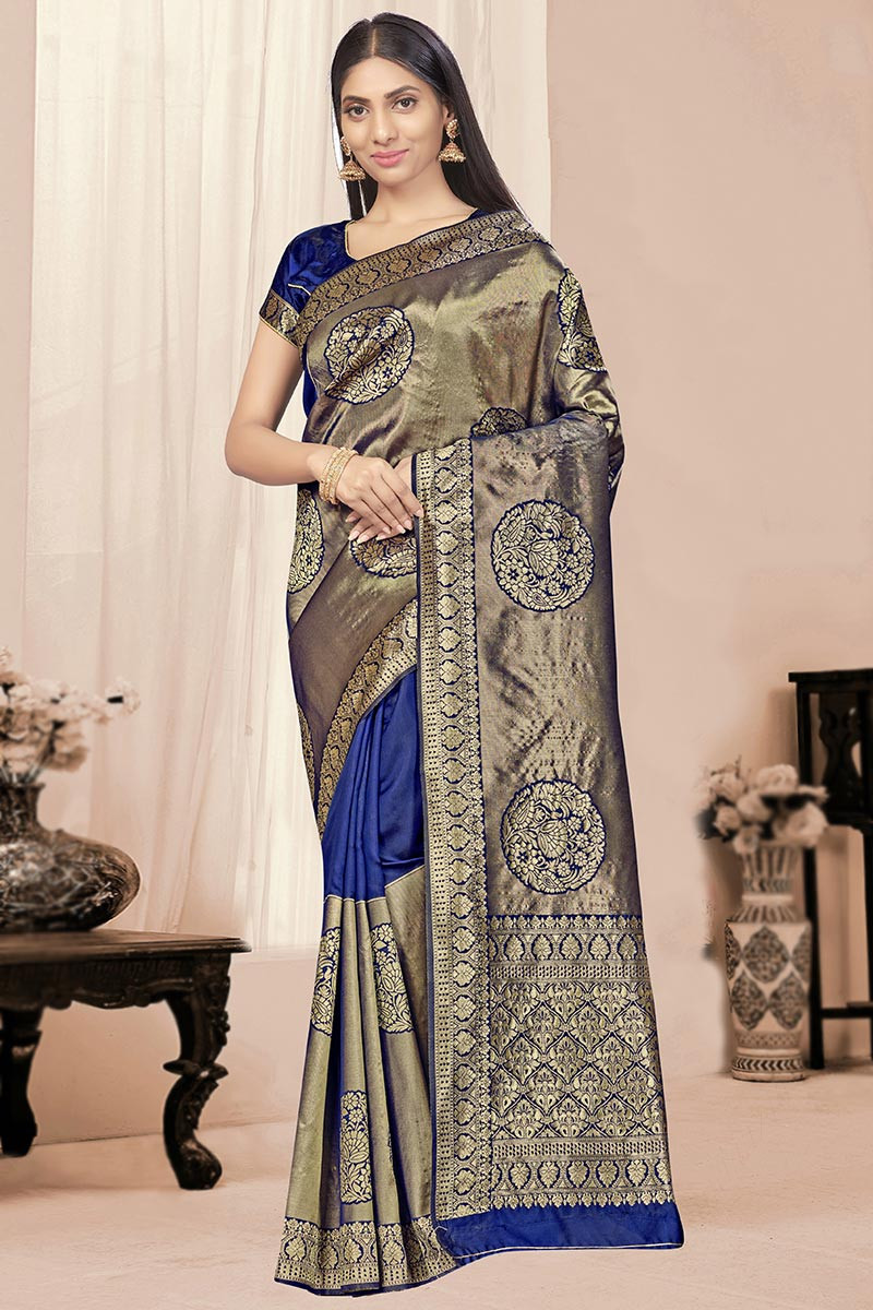 Indian Royal Blue/Maroon Semi-Bridal Banarasi Silk Katan Saree Sari+Blouse  Piece | eBay