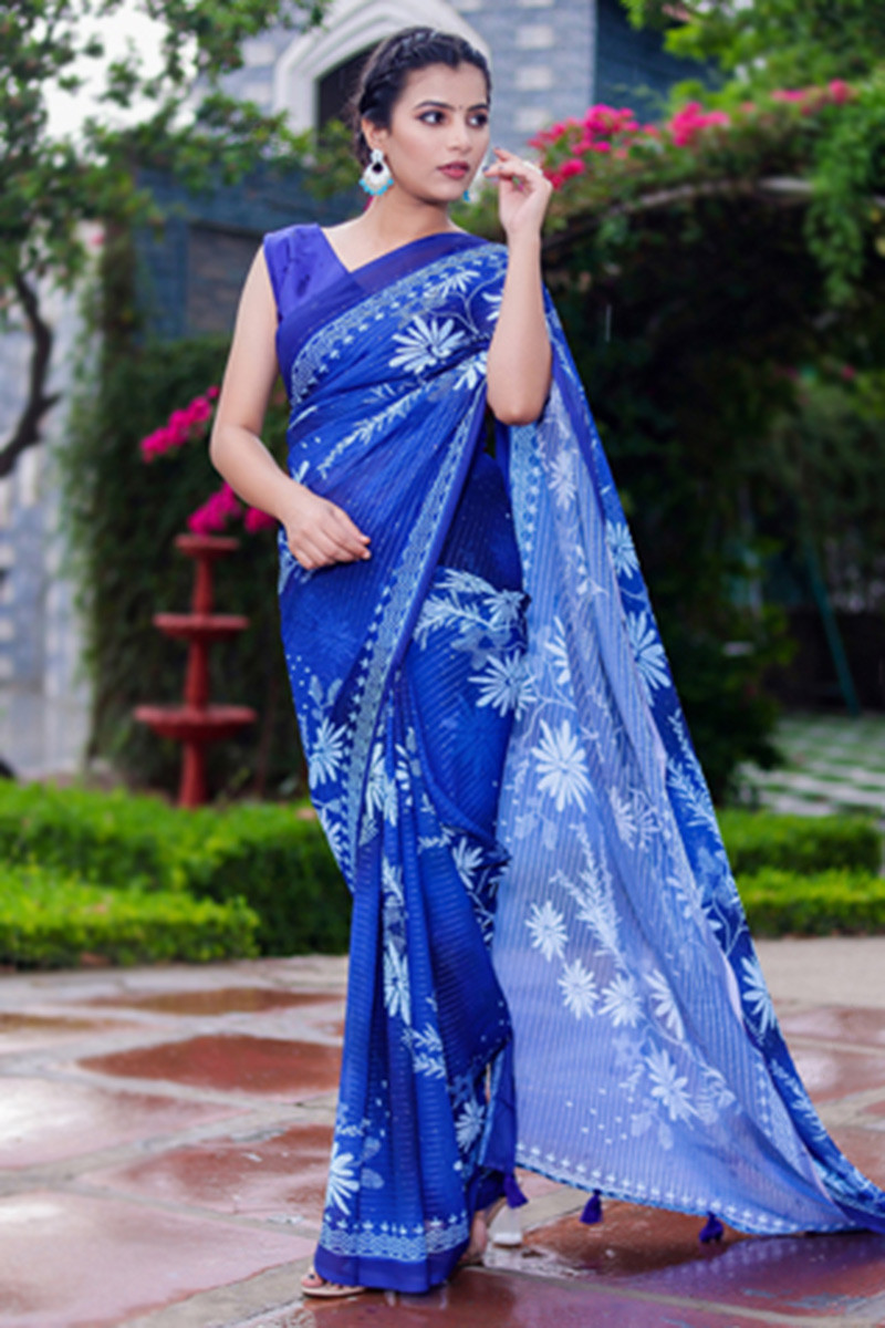 Royal Blue Floral Print Georgette Party Wear Saree SARV159455