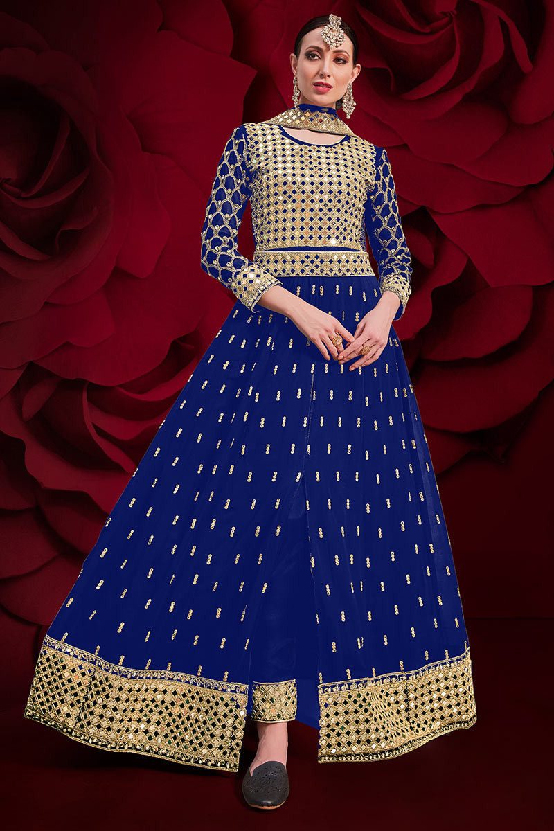 Buy Royal Blue Heavy Embroidered Designer Velvet Wedding Wear Anarkali Suit  | Anarkali Suits