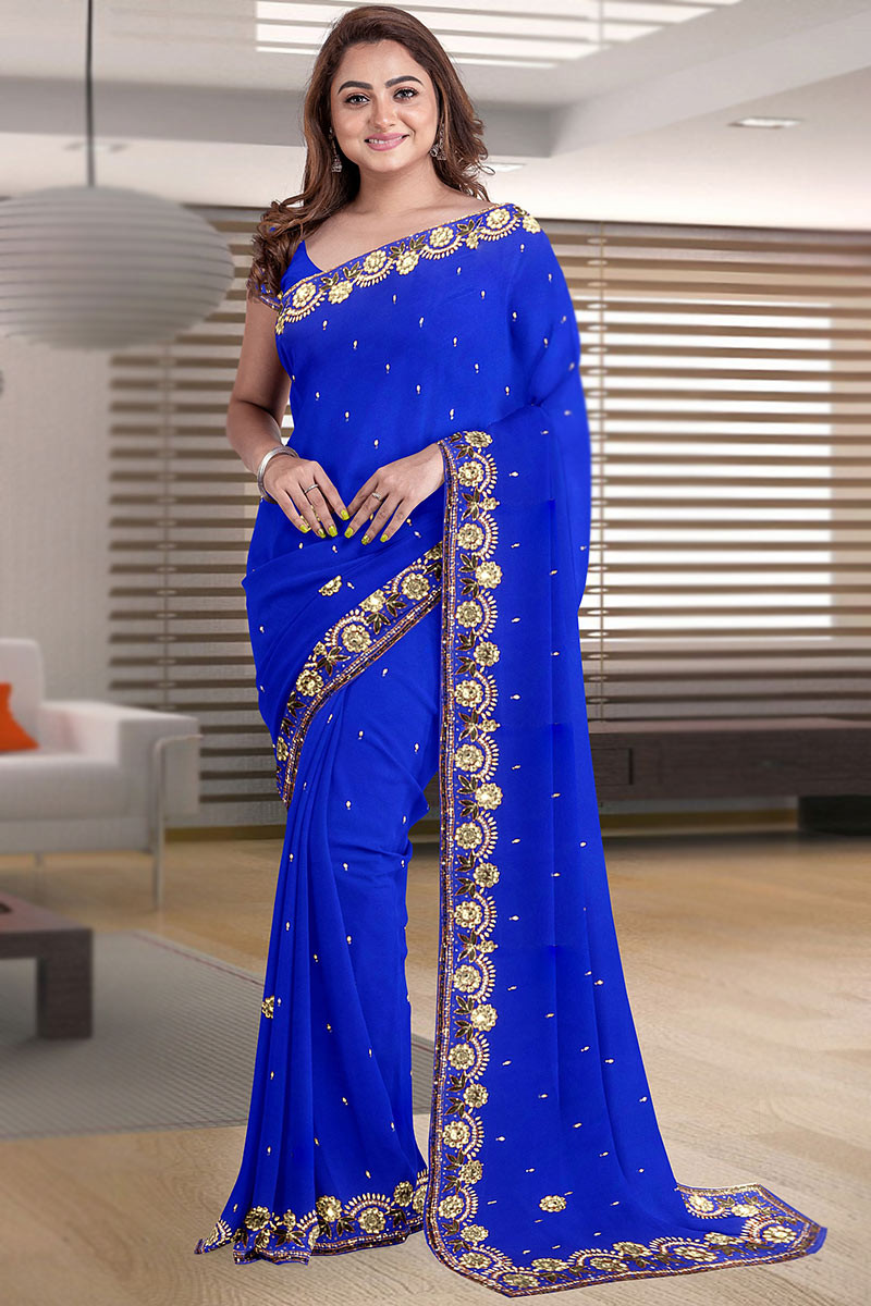 Eid Collection Royal Blue Georgette Embroidered Saree