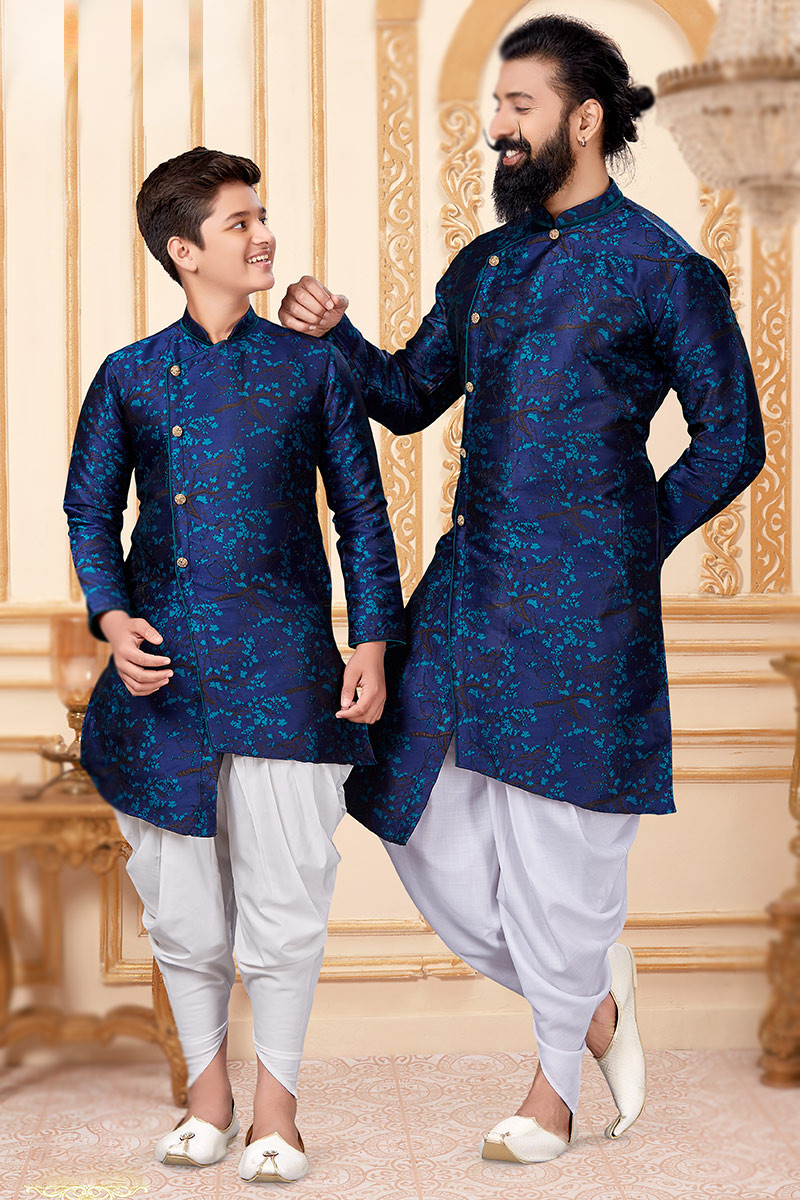 Royal Blue Jacquard Father Son Duo Sherwani