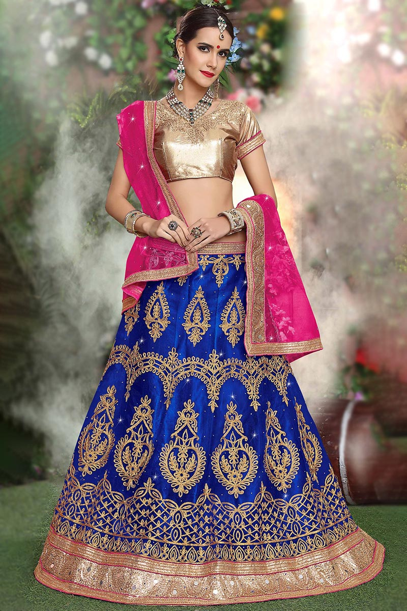 Royal Blue Net A Line Embroidered Lehenga