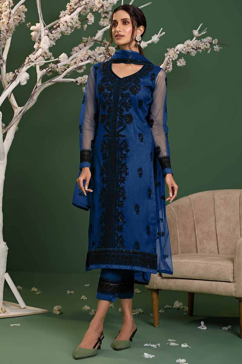 Royal Blue Net Straight Cut Party Wear Trouser Suit