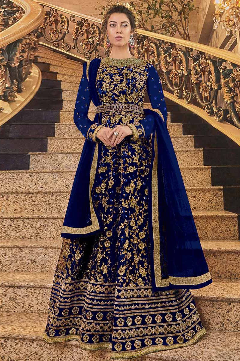 VeroniQ Trends-Bollywood Style Royal Blue Georgette Anarkali Gown-Red  Dupatta-Indian Party Wear-Anarkali Suit-VF - VeroniQ Trends
