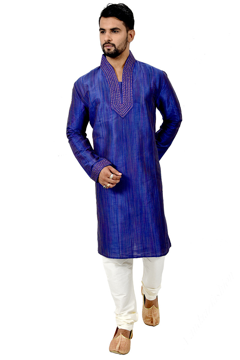 Wedding Shop Online Men Kurta Pajama in Royal Blue Embroidered Fabric MKPA03835